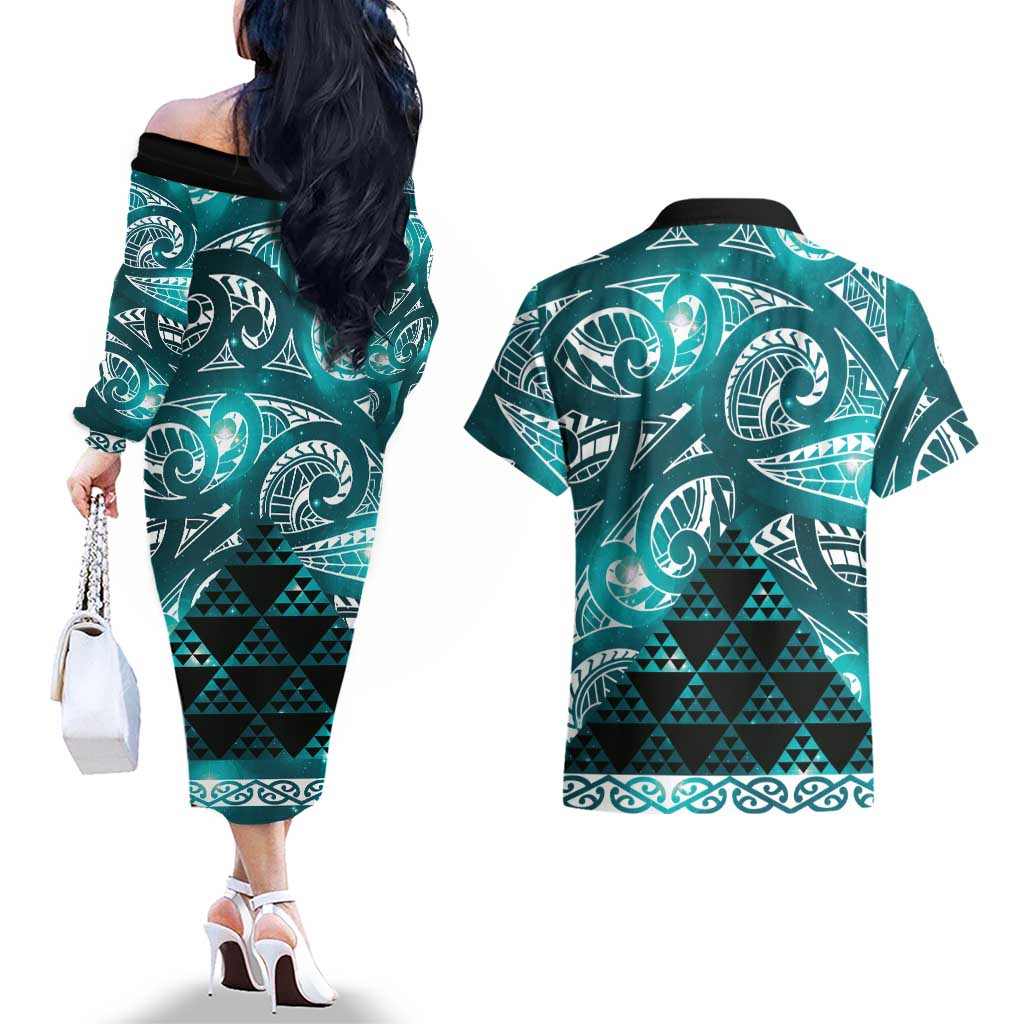 Matariki New Zealand Couples Matching Off The Shoulder Long Sleeve Dress and Hawaiian Shirt NZ Niho Taniwha Maori New Year Cyan Galaxy LT14 - Polynesian Pride