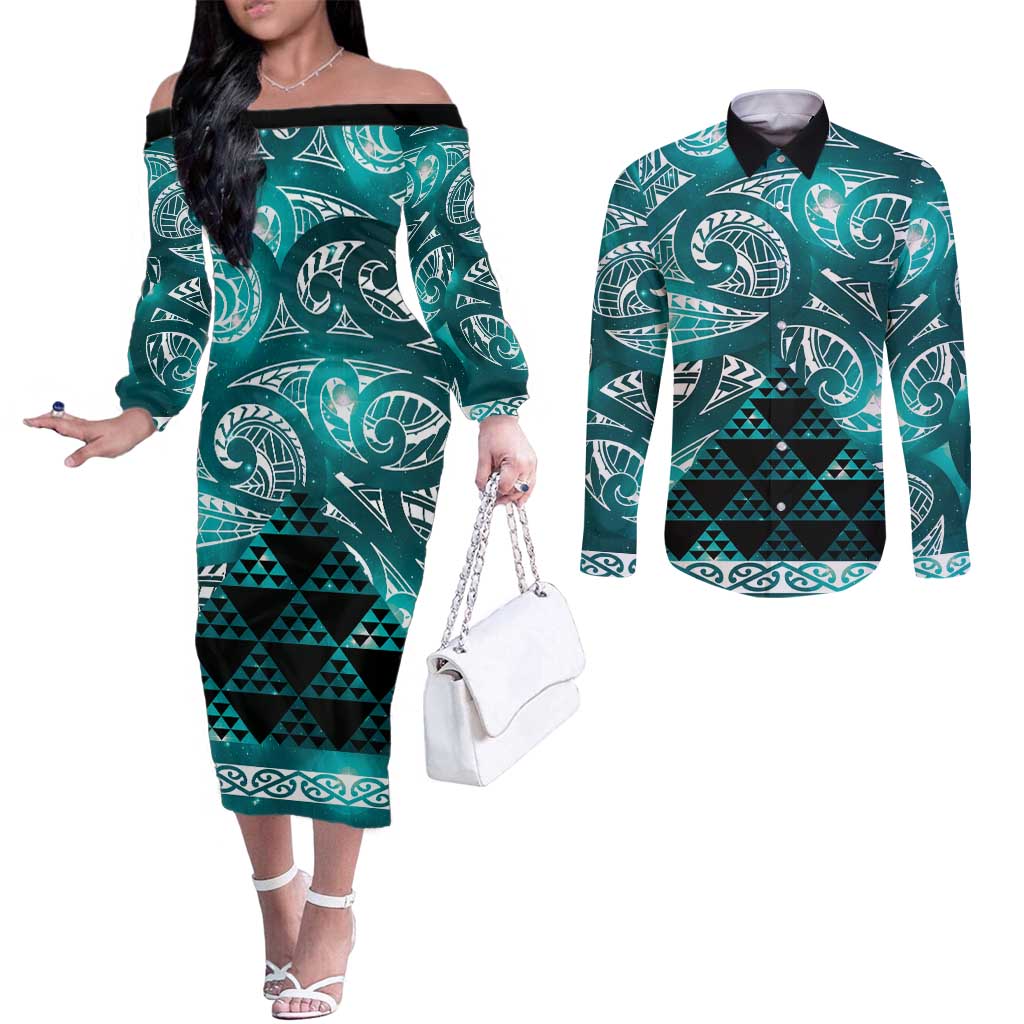 Matariki New Zealand Couples Matching Off The Shoulder Long Sleeve Dress and Long Sleeve Button Shirt NZ Niho Taniwha Maori New Year Cyan Galaxy LT14 Cyan - Polynesian Pride