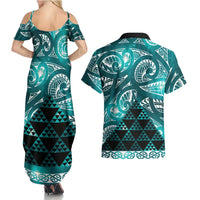 Matariki New Zealand Couples Matching Summer Maxi Dress and Hawaiian Shirt NZ Niho Taniwha Maori New Year Cyan Galaxy LT14 - Polynesian Pride