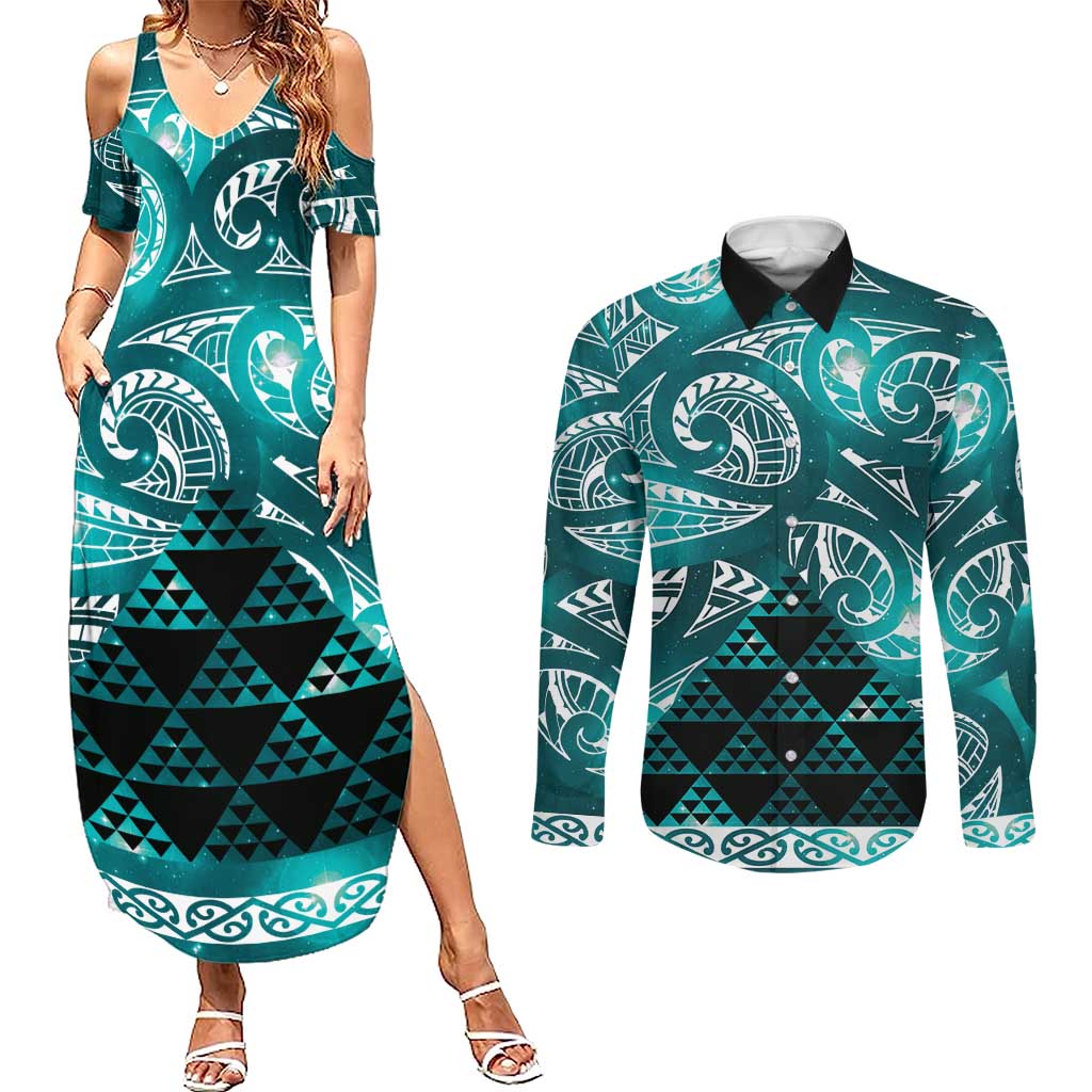 Matariki New Zealand Couples Matching Summer Maxi Dress and Long Sleeve Button Shirt NZ Niho Taniwha Maori New Year Cyan Galaxy LT14 Cyan - Polynesian Pride