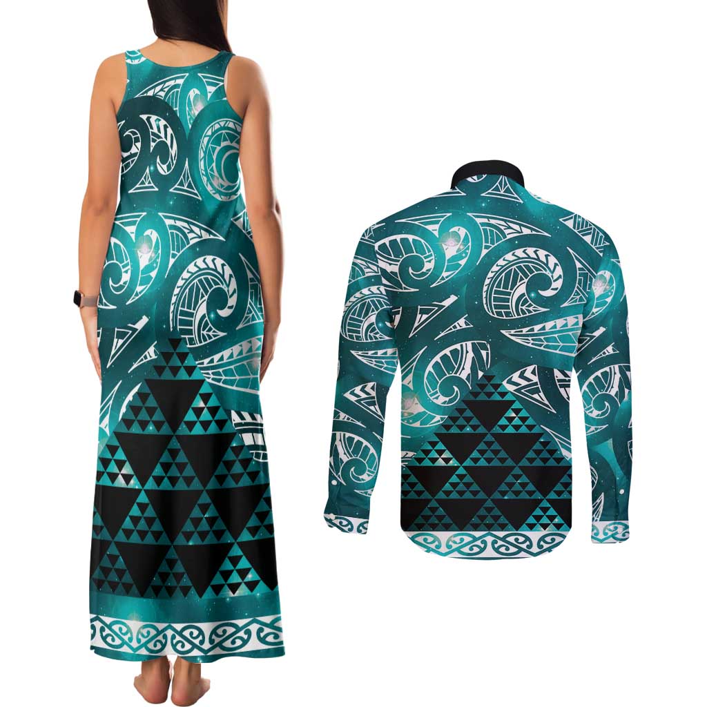 Matariki New Zealand Couples Matching Tank Maxi Dress and Long Sleeve Button Shirt NZ Niho Taniwha Maori New Year Cyan Galaxy LT14 - Polynesian Pride
