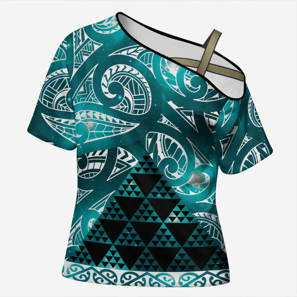 Matariki New Zealand Cross Shoulder Shirt NZ Niho Taniwha Maori New Year Cyan Galaxy LT14 Female Cyan - Polynesian Pride