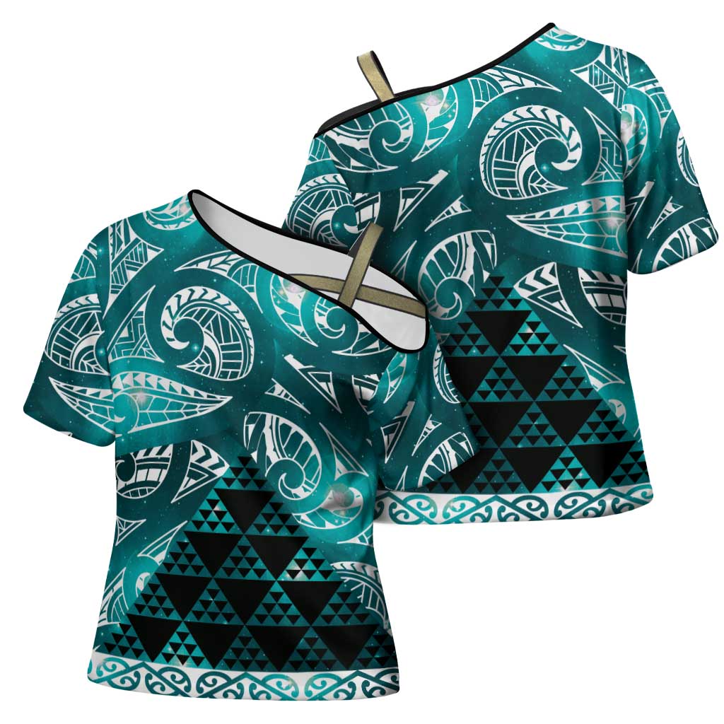 Matariki New Zealand Cross Shoulder Shirt NZ Niho Taniwha Maori New Year Cyan Galaxy LT14 - Polynesian Pride