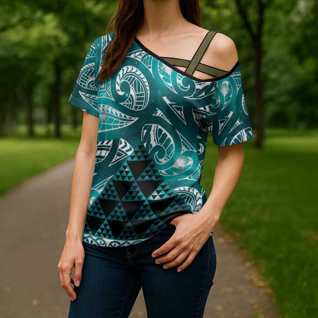 Matariki New Zealand Cross Shoulder Shirt NZ Niho Taniwha Maori New Year Cyan Galaxy LT14 - Polynesian Pride