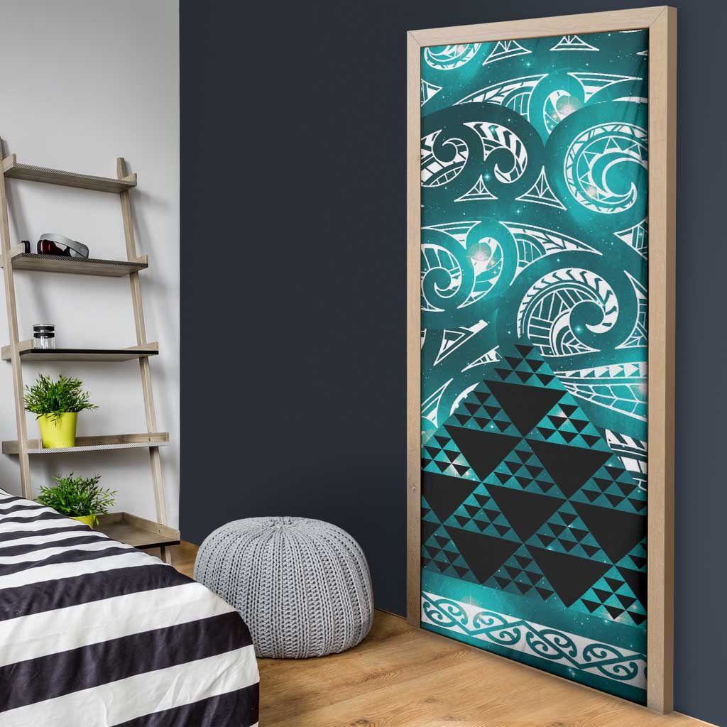 Matariki New Zealand Door Cover NZ Niho Taniwha Maori New Year Cyan Galaxy
