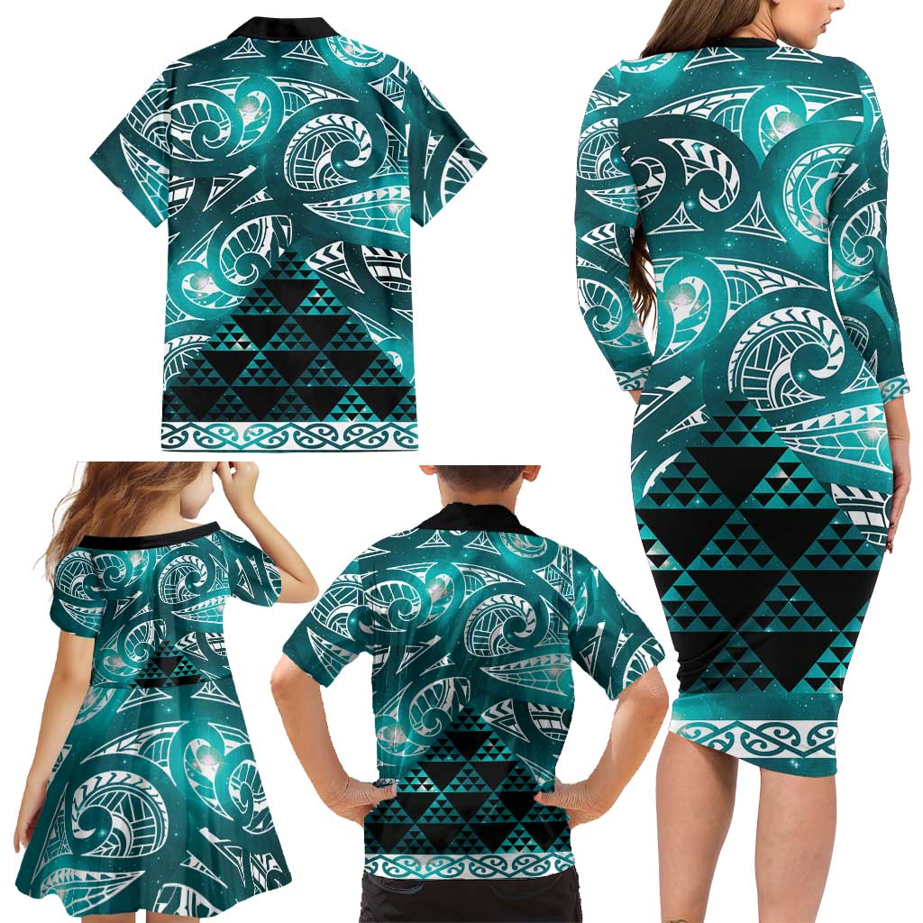 Matariki New Zealand Family Matching Long Sleeve Bodycon Dress and Hawaiian Shirt NZ Niho Taniwha Maori New Year Cyan Galaxy LT14 - Polynesian Pride