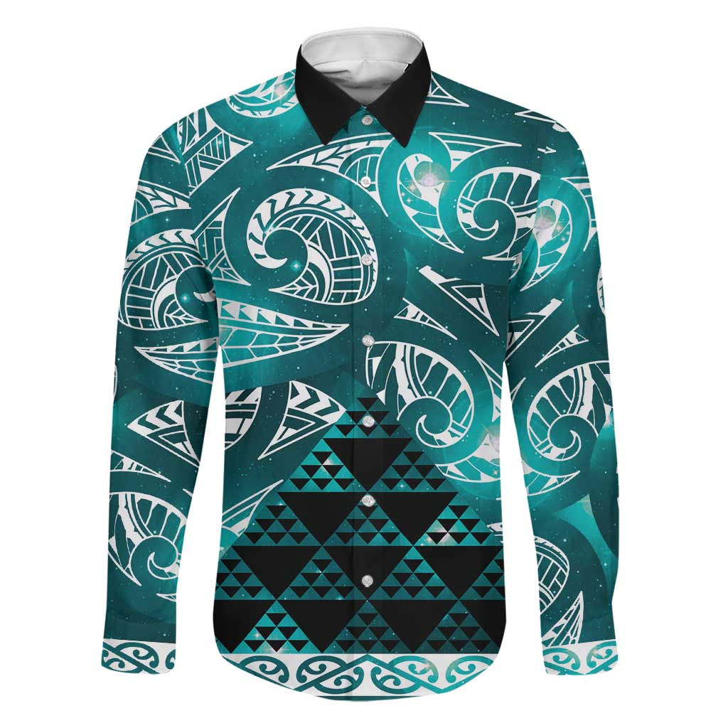Matariki New Zealand Family Matching Long Sleeve Bodycon Dress and Hawaiian Shirt NZ Niho Taniwha Maori New Year Cyan Galaxy LT14 Dad's Shirt - Long Sleeve Cyan - Polynesian Pride