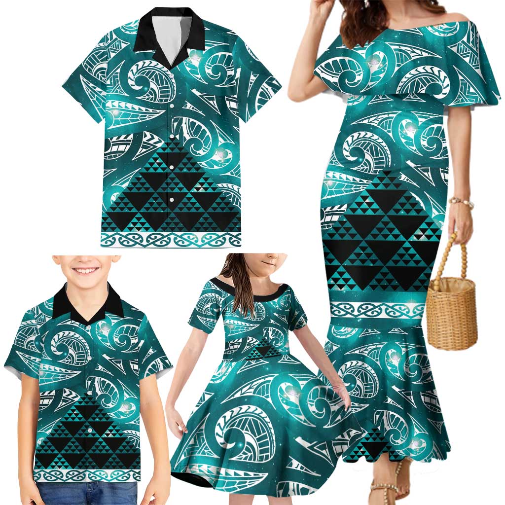 Matariki New Zealand Family Matching Mermaid Dress and Hawaiian Shirt NZ Niho Taniwha Maori New Year Cyan Galaxy
