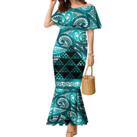 Matariki New Zealand Family Matching Mermaid Dress and Hawaiian Shirt NZ Niho Taniwha Maori New Year Cyan Galaxy LT14 Mom's Dress Cyan - Polynesian Pride