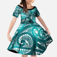 Matariki New Zealand Family Matching Off The Shoulder Long Sleeve Dress and Hawaiian Shirt NZ Niho Taniwha Maori New Year Cyan Galaxy LT14 Daughter's Dress Cyan - Polynesian Pride