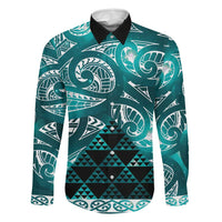 Matariki New Zealand Family Matching Off The Shoulder Long Sleeve Dress and Hawaiian Shirt NZ Niho Taniwha Maori New Year Cyan Galaxy LT14 Dad's Shirt - Long Sleeve Cyan - Polynesian Pride
