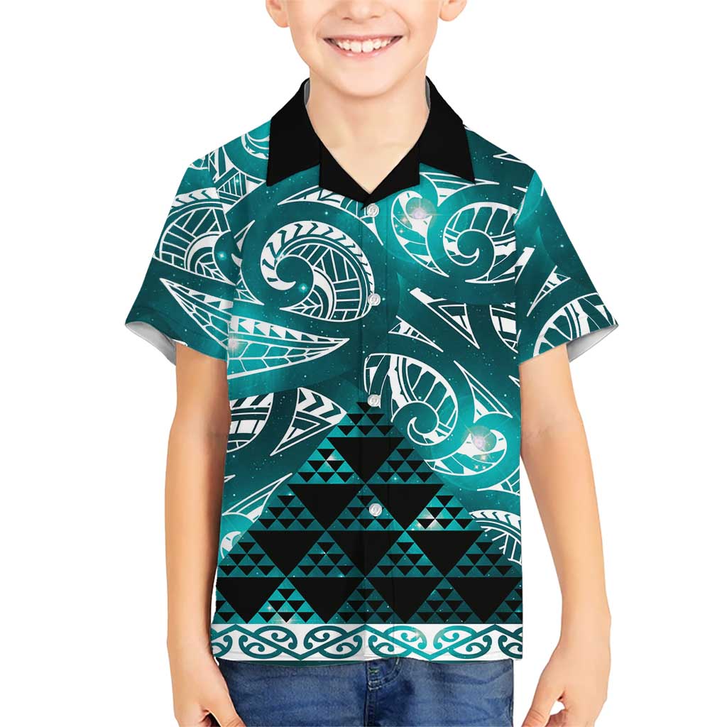 Matariki New Zealand Family Matching Off The Shoulder Long Sleeve Dress and Hawaiian Shirt NZ Niho Taniwha Maori New Year Cyan Galaxy LT14 Son's Shirt Cyan - Polynesian Pride