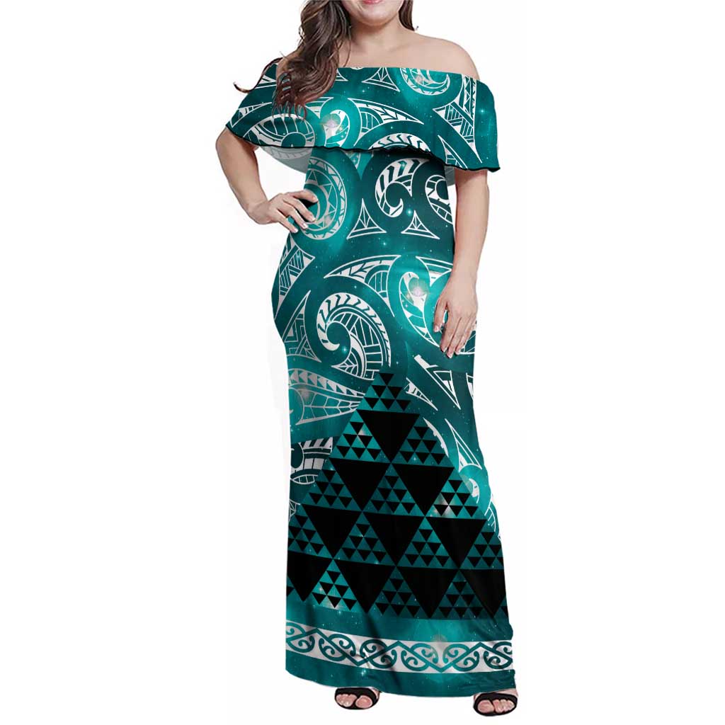 Matariki New Zealand Family Matching Off Shoulder Maxi Dress and Hawaiian Shirt NZ Niho Taniwha Maori New Year Cyan Galaxy LT14 Mom's Dress Cyan - Polynesian Pride