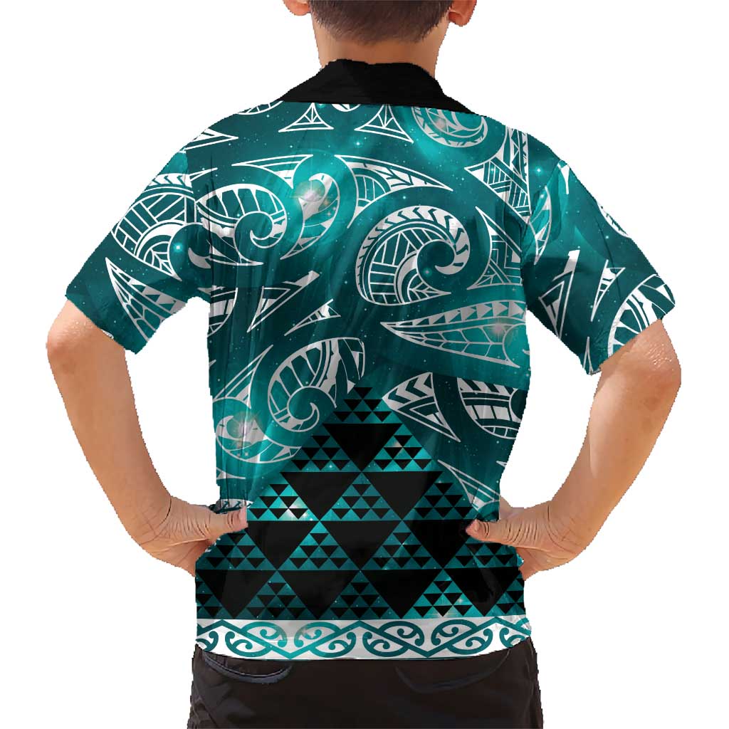 Matariki New Zealand Family Matching Off Shoulder Short Dress and Hawaiian Shirt NZ Niho Taniwha Maori New Year Cyan Galaxy LT14 - Polynesian Pride