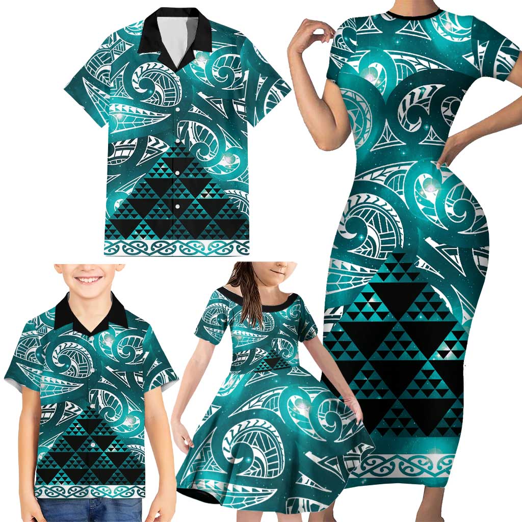 Matariki New Zealand Family Matching Short Sleeve Bodycon Dress and Hawaiian Shirt NZ Niho Taniwha Maori New Year Cyan Galaxy LT14 - Polynesian Pride