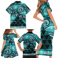 Matariki New Zealand Family Matching Short Sleeve Bodycon Dress and Hawaiian Shirt NZ Niho Taniwha Maori New Year Cyan Galaxy LT14 - Polynesian Pride