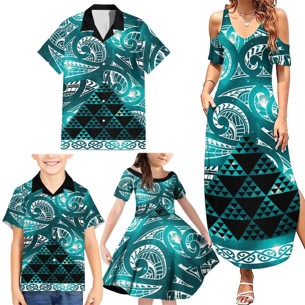 Matariki New Zealand Family Matching Summer Maxi Dress and Hawaiian Shirt NZ Niho Taniwha Maori New Year Cyan Galaxy LT14 - Polynesian Pride