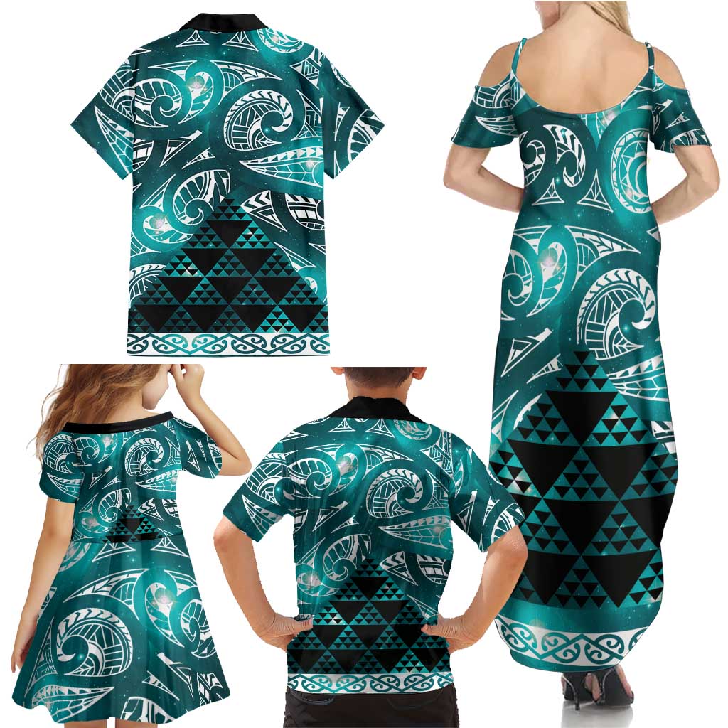 Matariki New Zealand Family Matching Summer Maxi Dress and Hawaiian Shirt NZ Niho Taniwha Maori New Year Cyan Galaxy LT14 - Polynesian Pride