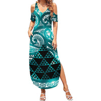 Matariki New Zealand Family Matching Summer Maxi Dress and Hawaiian Shirt NZ Niho Taniwha Maori New Year Cyan Galaxy LT14 Mom's Dress Cyan - Polynesian Pride