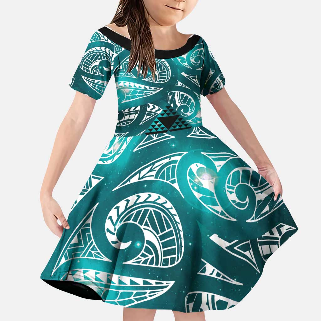 Matariki New Zealand Family Matching Tank Maxi Dress and Hawaiian Shirt NZ Niho Taniwha Maori New Year Cyan Galaxy LT14 Daughter's Dress Cyan - Polynesian Pride