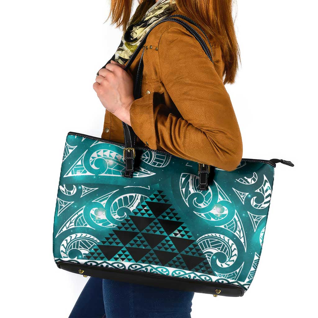 Matariki New Zealand Leather Tote Bag NZ Niho Taniwha Maori New Year Cyan Galaxy