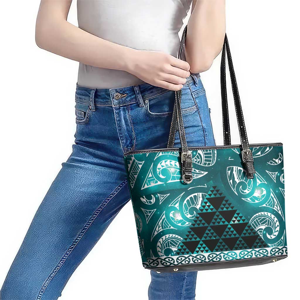 Matariki New Zealand Leather Tote Bag NZ Niho Taniwha Maori New Year Cyan Galaxy