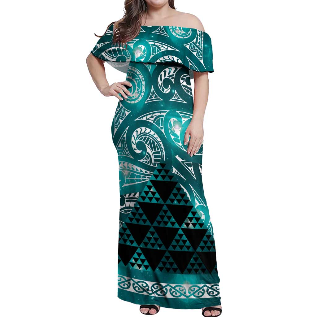 Matariki New Zealand Off Shoulder Maxi Dress NZ Niho Taniwha Maori New Year Cyan Galaxy LT14 Women Cyan - Polynesian Pride