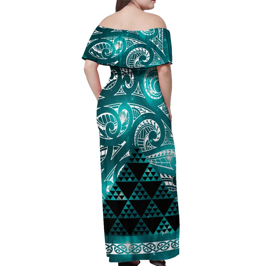 Matariki New Zealand Off Shoulder Maxi Dress NZ Niho Taniwha Maori New Year Cyan Galaxy LT14 - Polynesian Pride