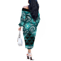 Matariki New Zealand Off The Shoulder Long Sleeve Dress NZ Niho Taniwha Maori New Year Cyan Galaxy LT14 - Polynesian Pride