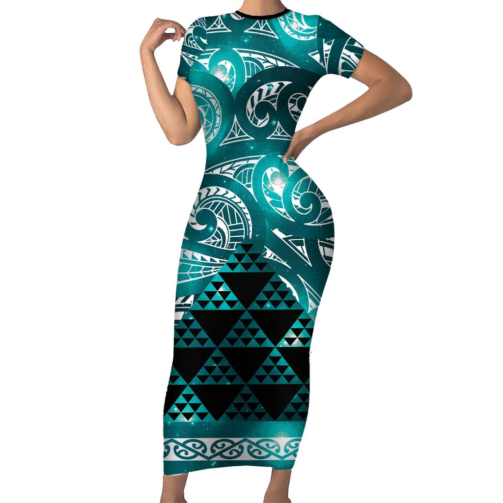 Matariki New Zealand Short Sleeve Bodycon Dress NZ Niho Taniwha Maori New Year Cyan Galaxy LT14 Long Dress Cyan - Polynesian Pride