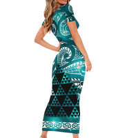Matariki New Zealand Short Sleeve Bodycon Dress NZ Niho Taniwha Maori New Year Cyan Galaxy LT14 - Polynesian Pride