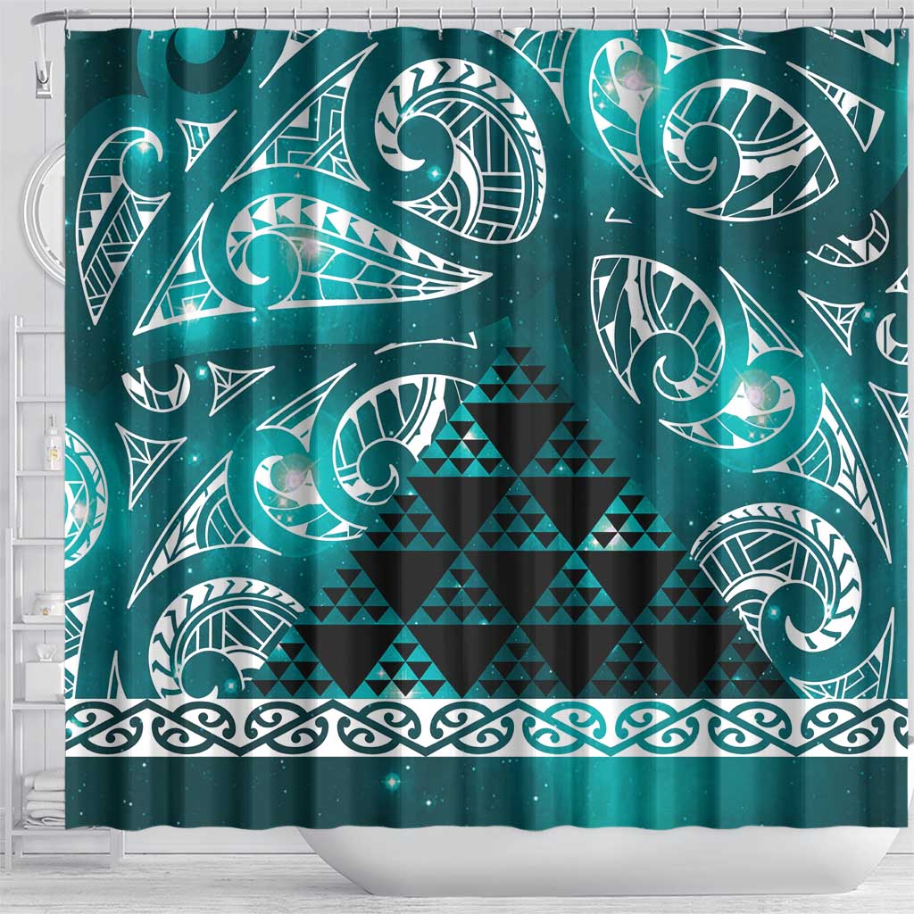 Matariki New Zealand Shower Curtain NZ Niho Taniwha Maori New Year Cyan Galaxy