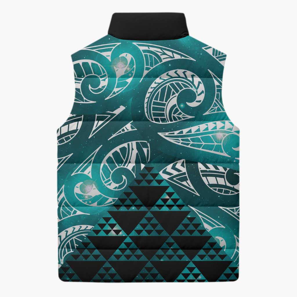 Matariki New Zealand Sleeveless Puffer Jacket NZ Niho Taniwha Maori New Year Cyan Galaxy