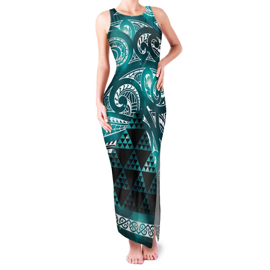Matariki New Zealand Tank Maxi Dress NZ Niho Taniwha Maori New Year Cyan Galaxy
