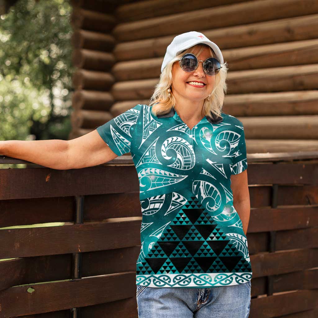 Matariki New Zealand Women Polo Shirt NZ Niho Taniwha Maori New Year Cyan Galaxy LT14 - Polynesian Pride