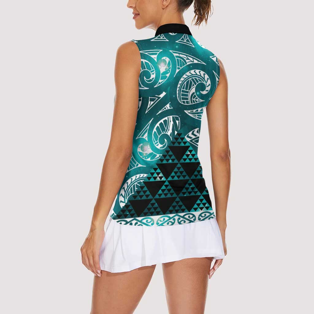 Matariki New Zealand Women Sleeveless Polo Shirt NZ Niho Taniwha Maori New Year Cyan Galaxy LT14 - Polynesian Pride