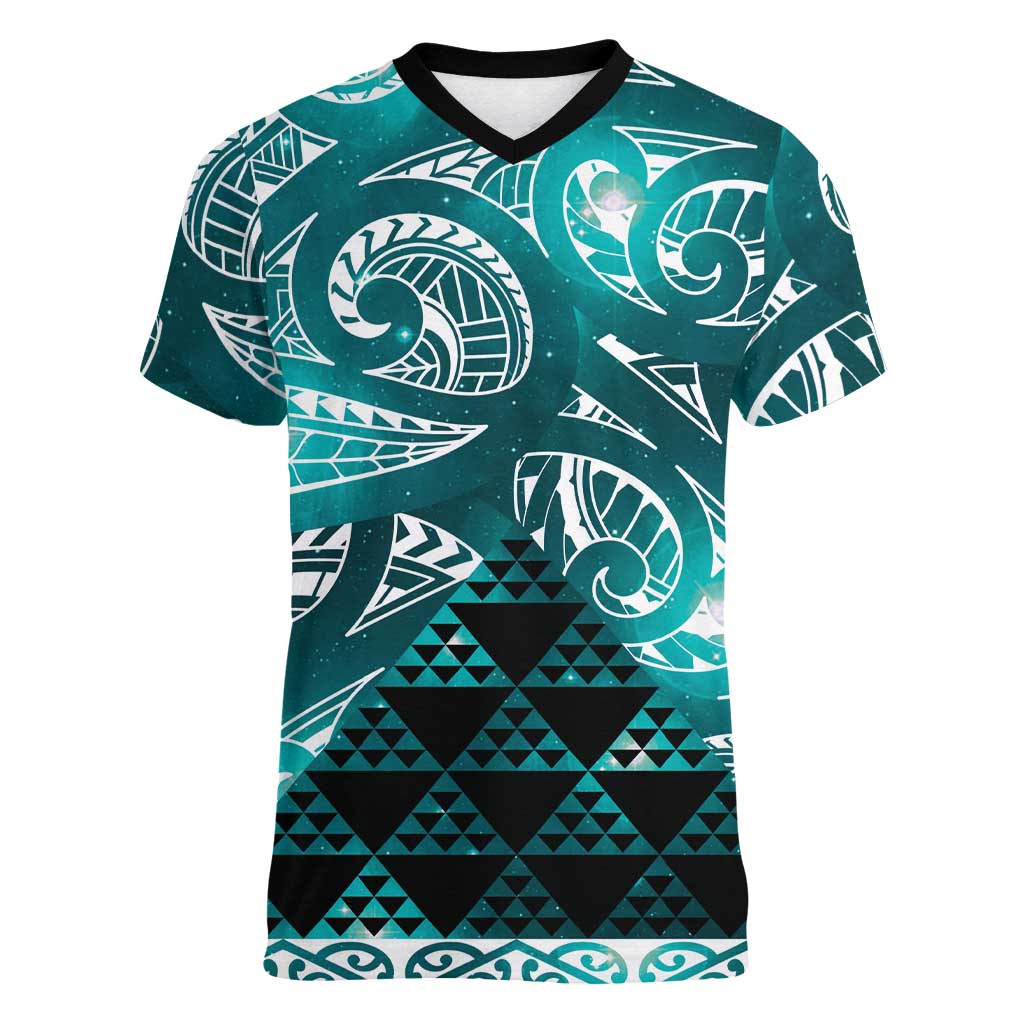 Matariki New Zealand Women V-Neck T-Shirt NZ Niho Taniwha Maori New Year Cyan Galaxy LT14 Female Cyan - Polynesian Pride