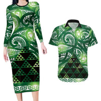 Matariki New Zealand Couples Matching Long Sleeve Bodycon Dress and Hawaiian Shirt NZ Niho Taniwha Maori New Year Green Galaxy LT14 Green - Polynesian Pride