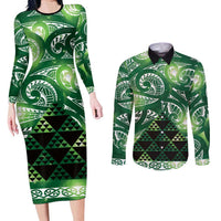 Matariki New Zealand Couples Matching Long Sleeve Bodycon Dress and Long Sleeve Button Shirt NZ Niho Taniwha Maori New Year Green Galaxy LT14 Green - Polynesian Pride