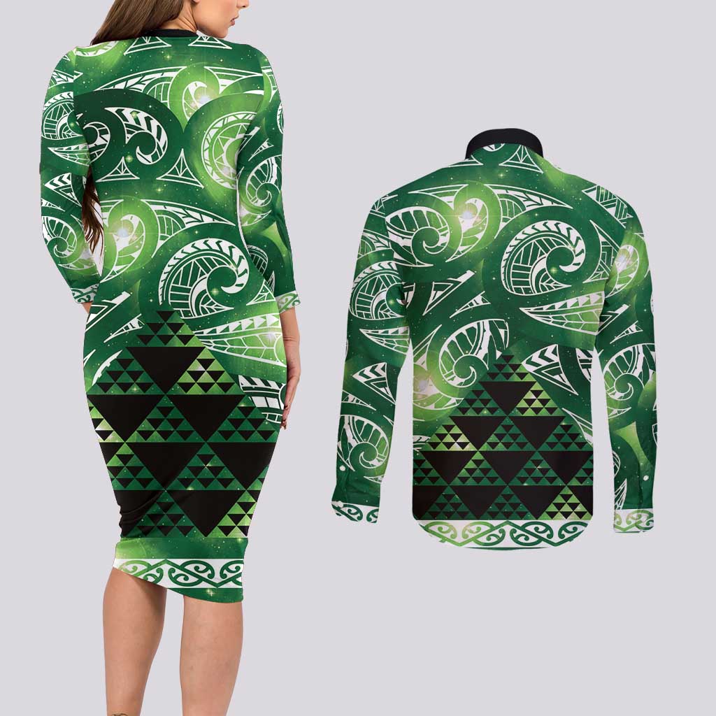 Matariki New Zealand Couples Matching Long Sleeve Bodycon Dress and Long Sleeve Button Shirt NZ Niho Taniwha Maori New Year Green Galaxy LT14 - Polynesian Pride