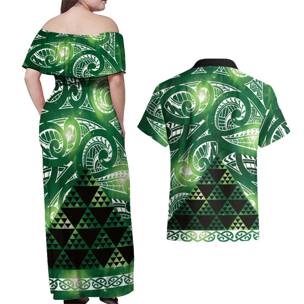 Matariki New Zealand Couples Matching Off Shoulder Maxi Dress and Hawaiian Shirt NZ Niho Taniwha Maori New Year Green Galaxy LT14 - Polynesian Pride