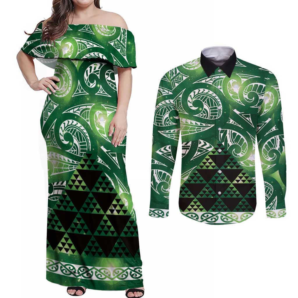 Matariki New Zealand Couples Matching Off Shoulder Maxi Dress and Long Sleeve Button Shirt NZ Niho Taniwha Maori New Year Green Galaxy LT14 Green - Polynesian Pride