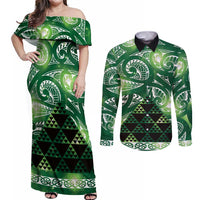Matariki New Zealand Couples Matching Off Shoulder Maxi Dress and Long Sleeve Button Shirt NZ Niho Taniwha Maori New Year Green Galaxy LT14 Green - Polynesian Pride
