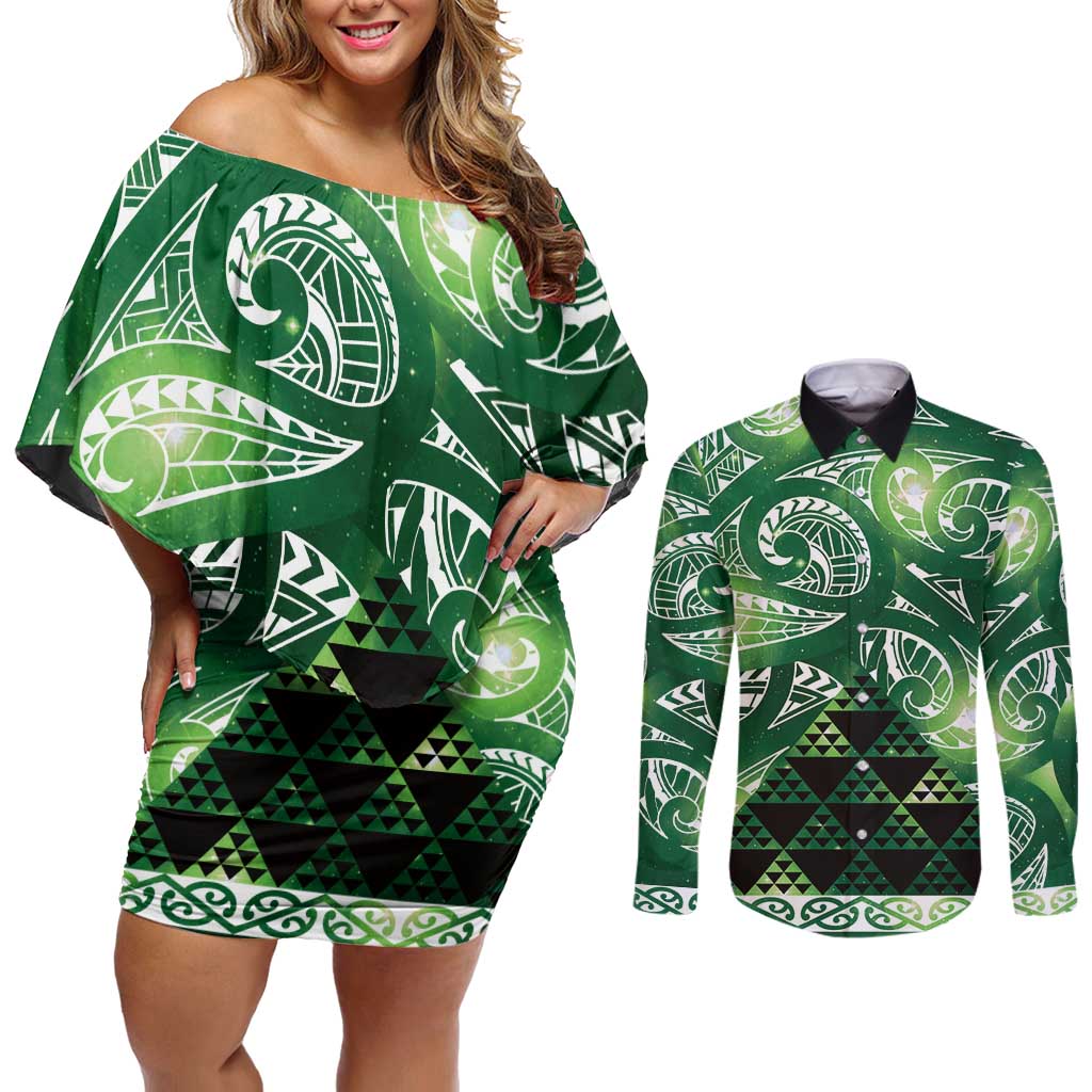 Matariki New Zealand Couples Matching Off Shoulder Short Dress and Long Sleeve Button Shirt NZ Niho Taniwha Maori New Year Green Galaxy LT14 Green - Polynesian Pride