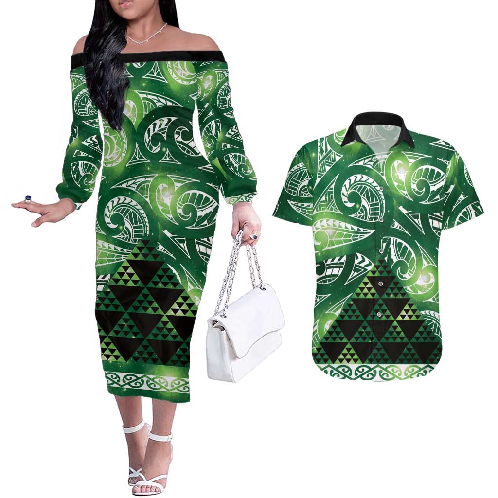Matariki New Zealand Couples Matching Off The Shoulder Long Sleeve Dress and Hawaiian Shirt NZ Niho Taniwha Maori New Year Green Galaxy LT14 Green - Polynesian Pride