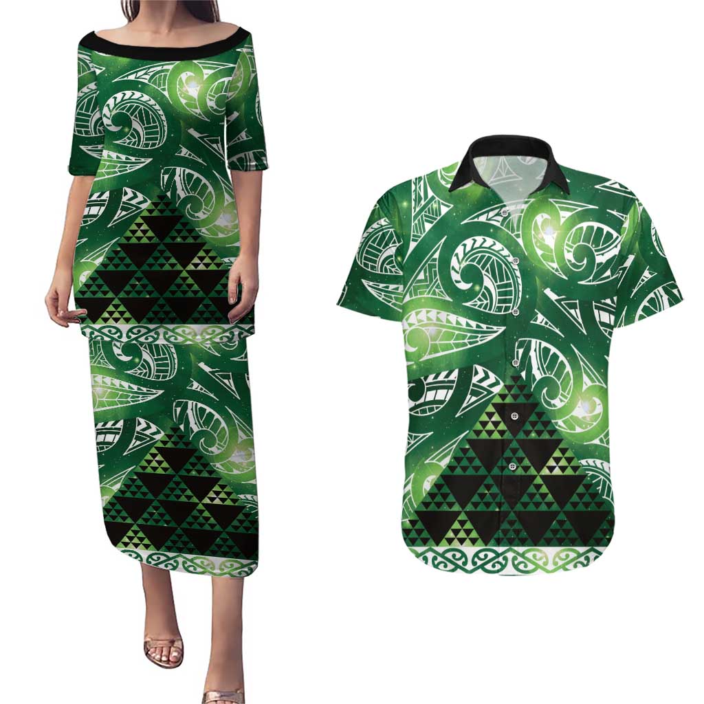 Matariki New Zealand Couples Matching Puletasi and Hawaiian Shirt NZ Niho Taniwha Maori New Year Green Galaxy LT14 Green - Polynesian Pride