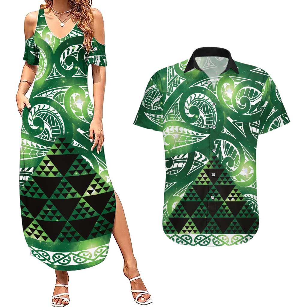 Matariki New Zealand Couples Matching Summer Maxi Dress and Hawaiian Shirt NZ Niho Taniwha Maori New Year Green Galaxy LT14 Green - Polynesian Pride