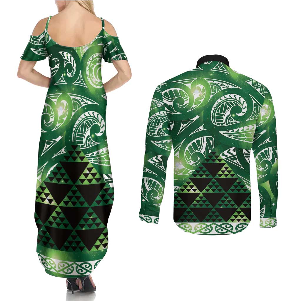 Matariki New Zealand Couples Matching Summer Maxi Dress and Long Sleeve Button Shirt NZ Niho Taniwha Maori New Year Green Galaxy LT14 - Polynesian Pride