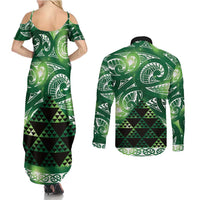 Matariki New Zealand Couples Matching Summer Maxi Dress and Long Sleeve Button Shirt NZ Niho Taniwha Maori New Year Green Galaxy LT14 - Polynesian Pride