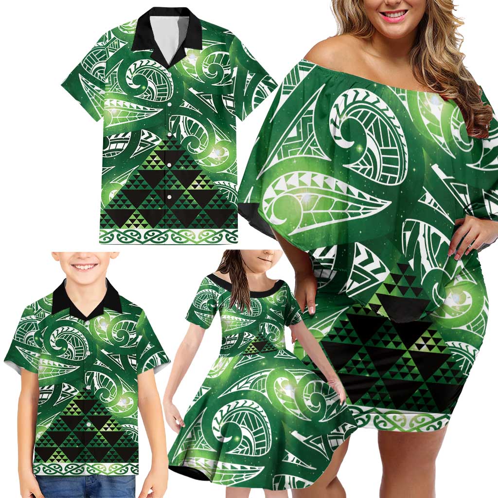 Matariki New Zealand Family Matching Off Shoulder Short Dress and Hawaiian Shirt NZ Niho Taniwha Maori New Year Green Galaxy LT14 - Polynesian Pride